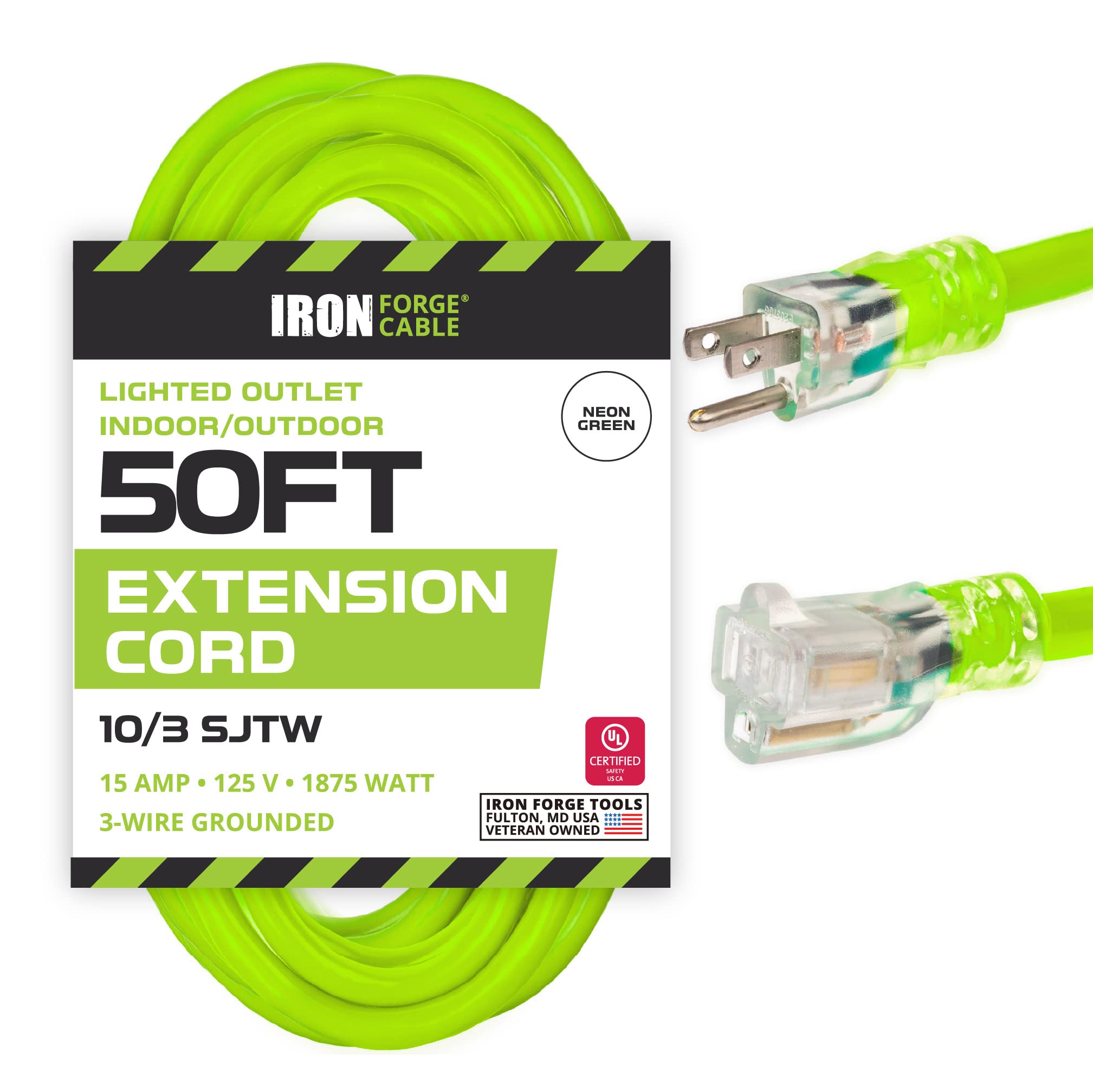 Iron Forge Cable 10 Gauge Extension Cord 50 ft, 10/3 Heavy Duty Extension Cord 50 Foot 3 Prong Lighted End, SJTW Light Green Outdoor Power Cable for Major Appliances, 15 AMP - US Veteran Owned